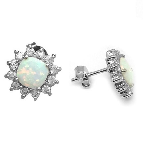Silver 925 Rhodium Plated Opal Sun CZ Stud Earring and Necklace Set